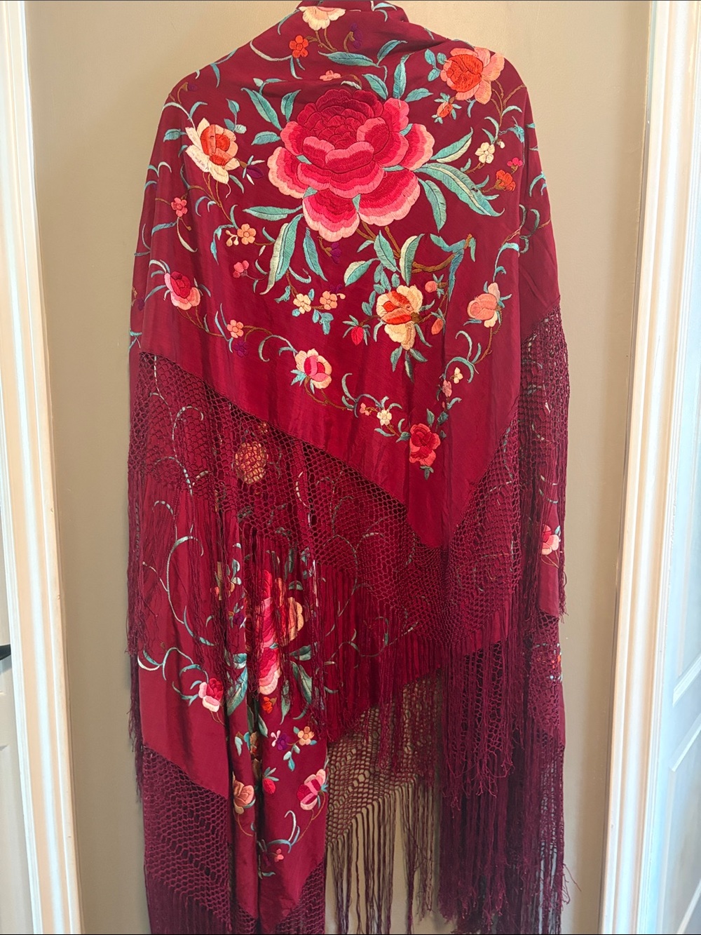 Embroidered Floral Fringe Maxi Skirt - Burgundy